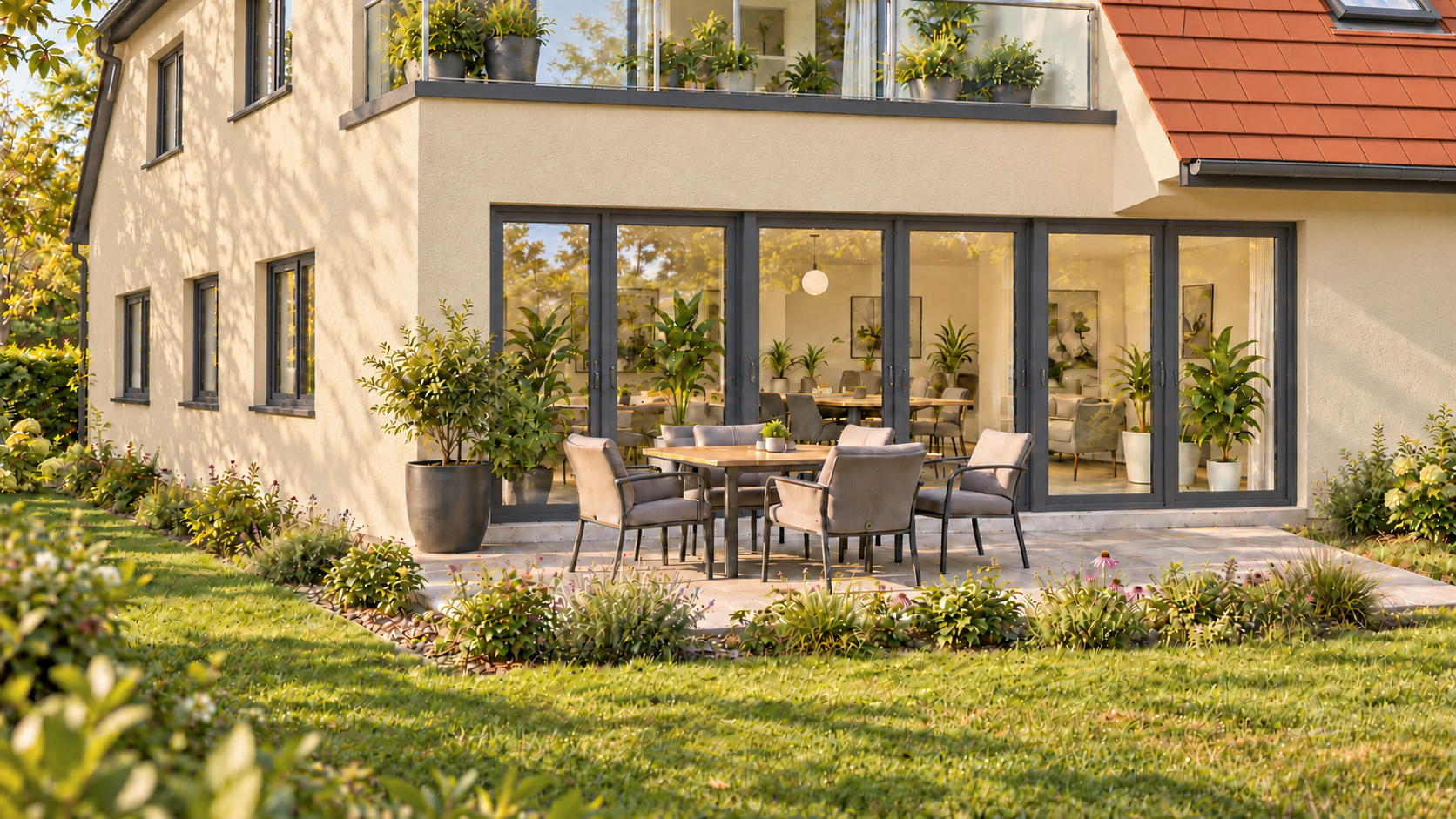 Visualisierung der Erdgeschosswohnung mit Terrasse und Garten an der Erlengrundstraße 31