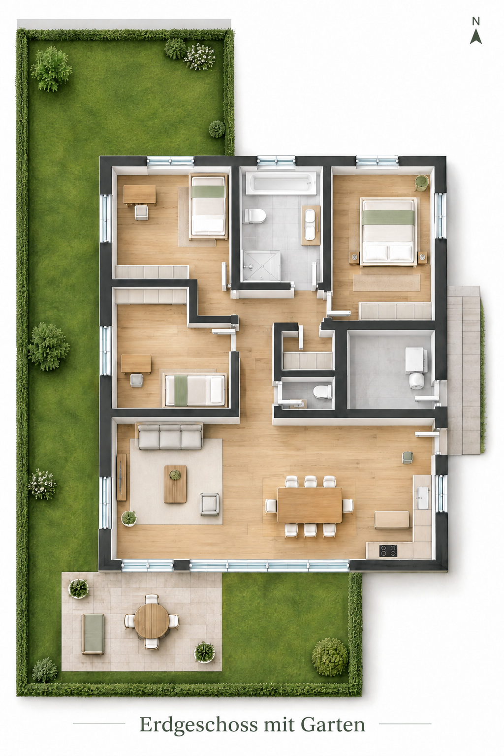 3D-Ansicht der Erdgeschosswohnung mit Terrasse und zugeordnetem Garten